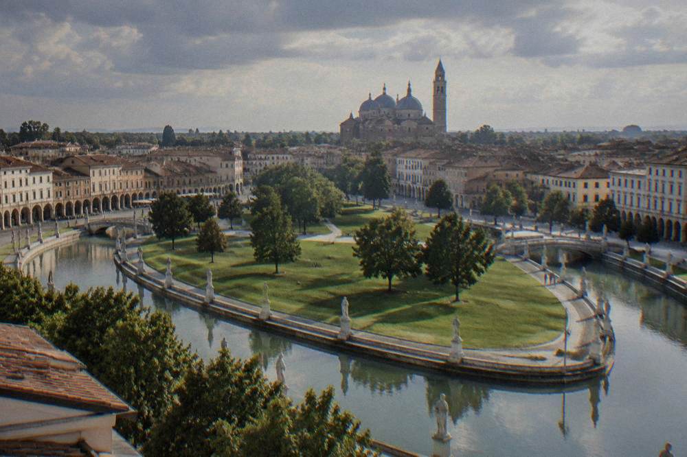 The domed roofs and bell tower of the Basilica of Saint Anthony in Padua seen from a distance