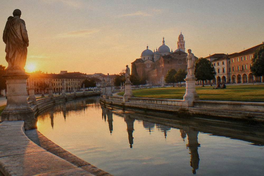 The broad oval of Prato della Valle in Padua with its ring of statues and green lawns