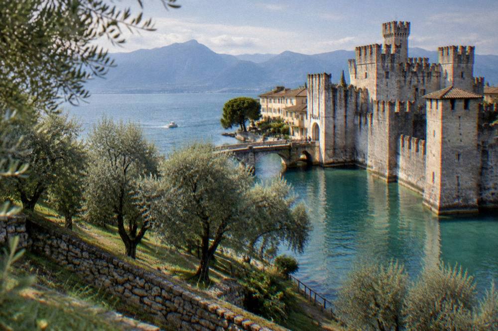 An olive grove terrace sloping down to blue lake water with distant mountains on the far shore