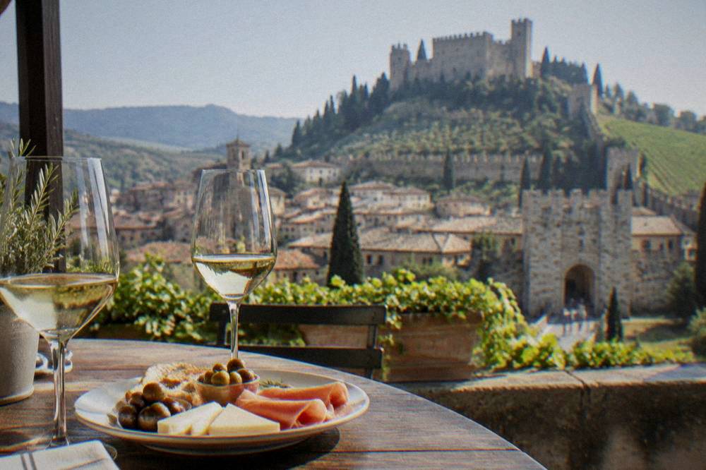 A table set with white wine glasses and a plate of regional Italian food