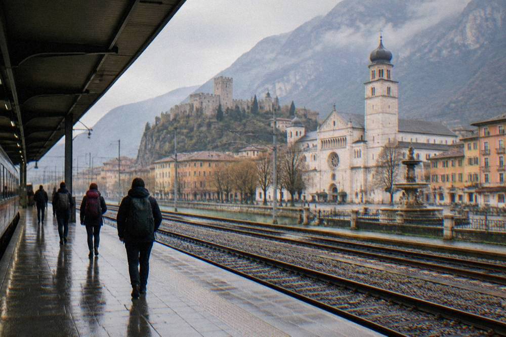 Travellers with backpacks walking along a platform of a European railway station in morning light