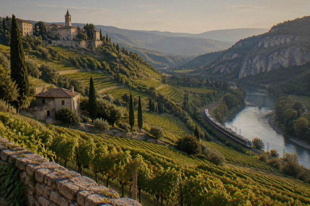 A regional train travelling through an Alpine valley with vineyards and cliffs on both sides