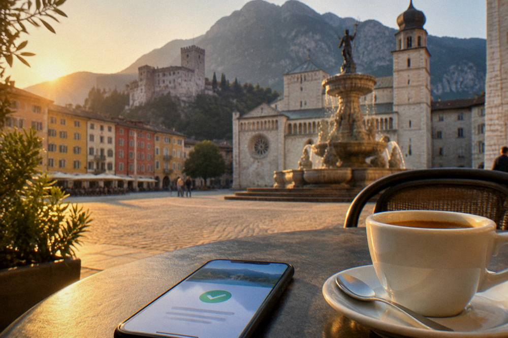 A smartphone showing a booking confirmation screen on a cafe table beside an espresso cup