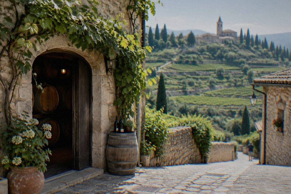 Stone village street with wine cellar doorway in the Valpolicella hills
