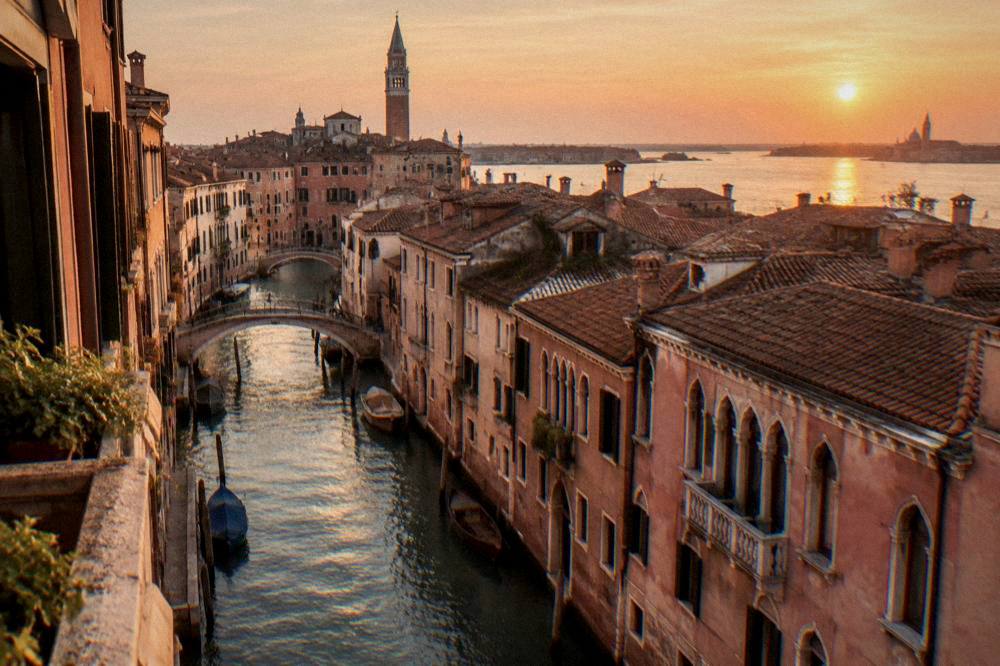 An evening view over Venice rooftops with campaniles and the lagoon beyond