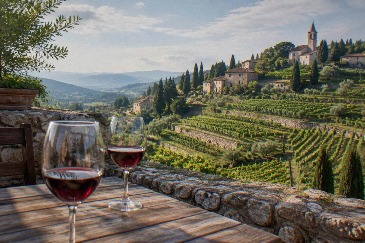 Glasses of red wine on a wooden table overlooking vineyard hills