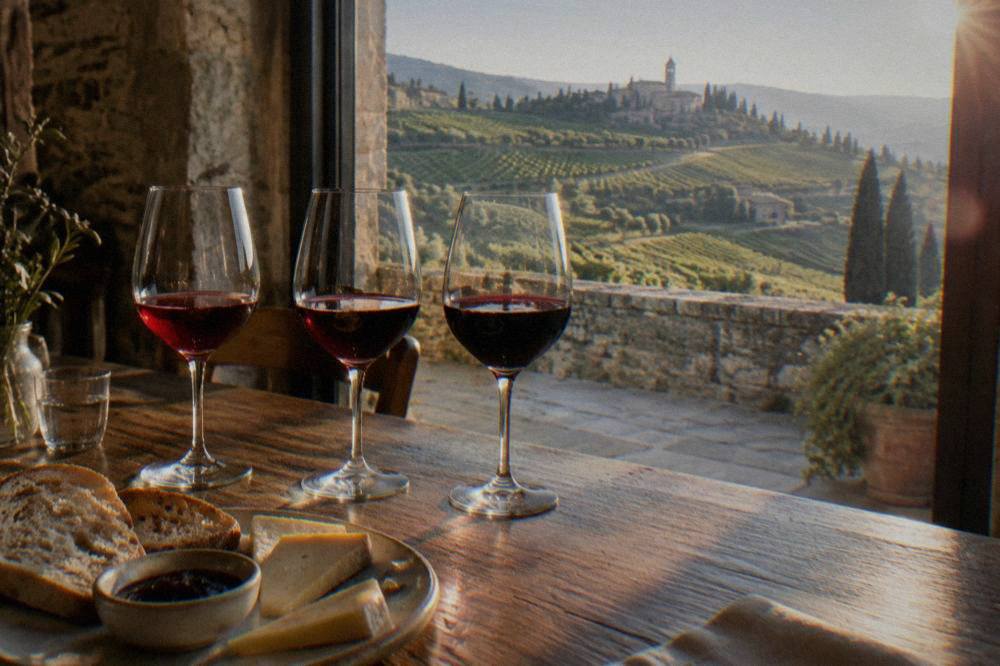 A tasting flight of three red wines beside a plate of bread and cheese indoors