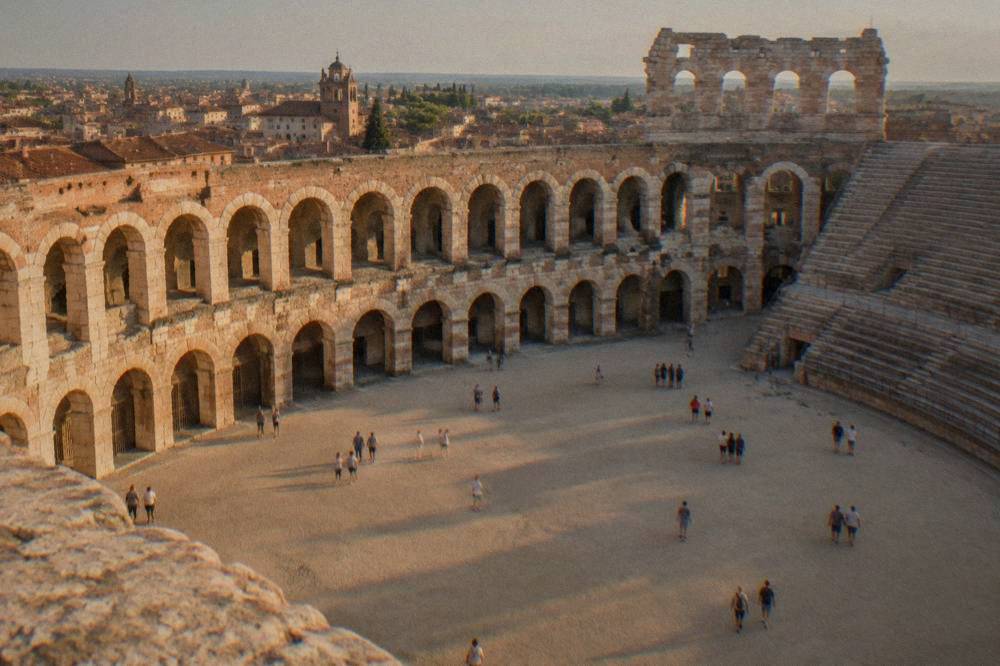 Visitors walking across the open sand floor of the Verona Arena during a daytime visit