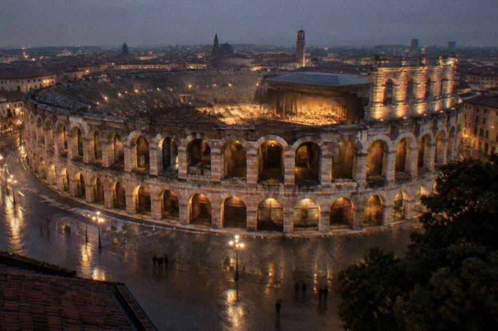 The Verona Arena lit at night with the stage glowing inside the stone bowl