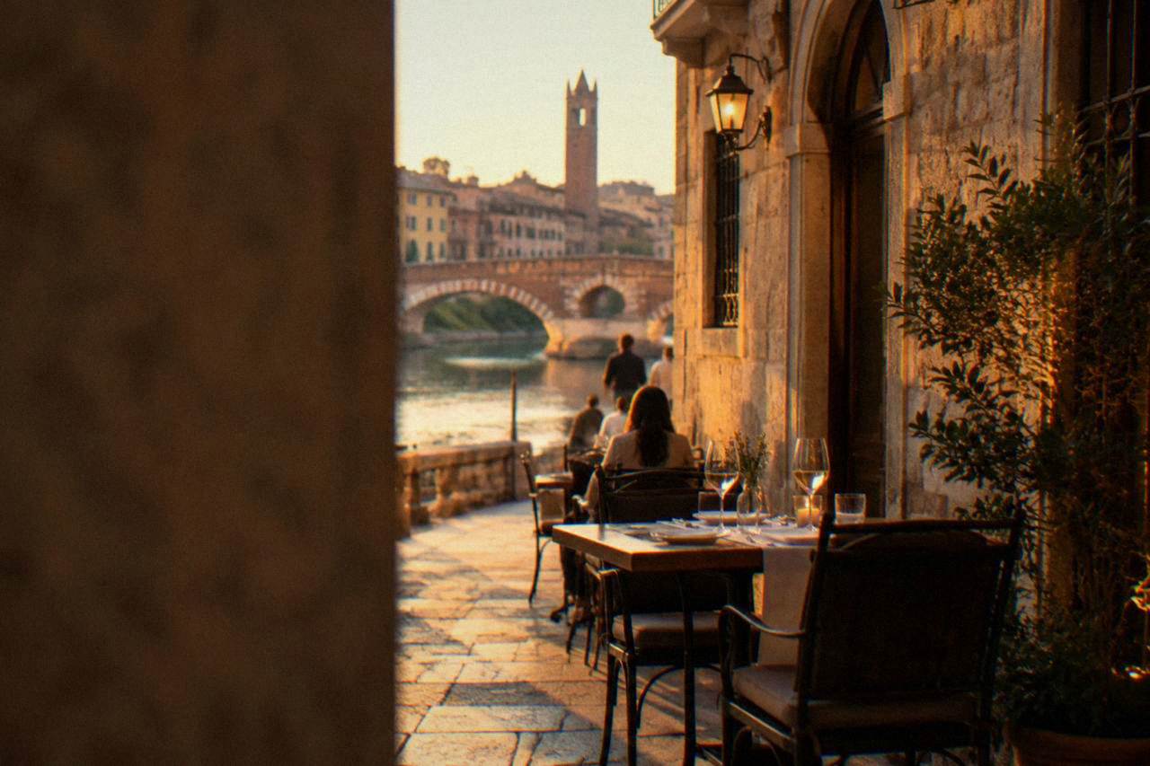 A table set for dinner beside a lit stone building in central Verona