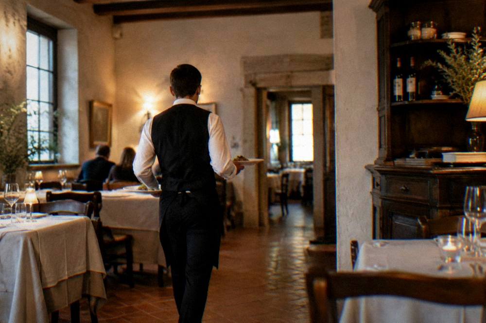 A waiter carrying plates to a table in a small warmly lit dining room