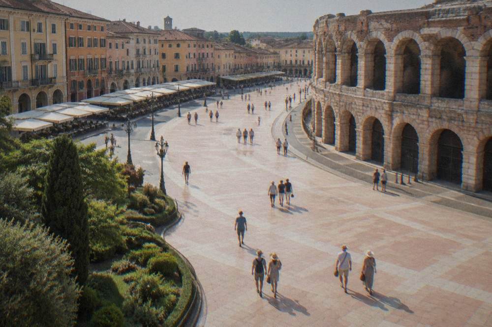 Visitors with sun hats crossing Piazza Bra toward the Arena in bright afternoon sun