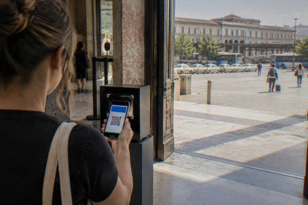 Smartphone showing a digital city pass being scanned at a museum entrance