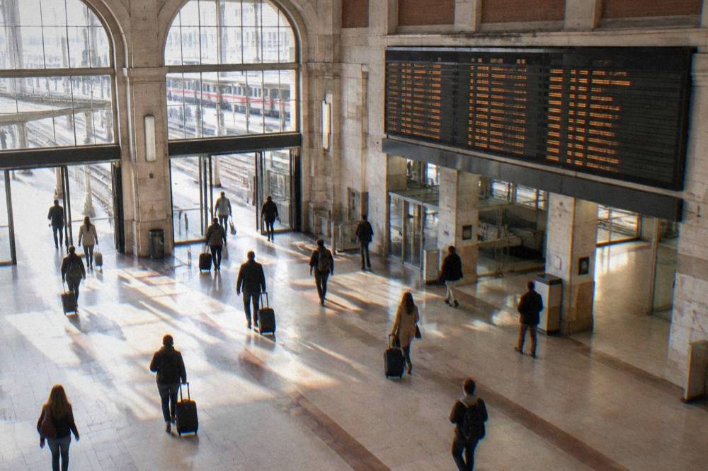 The departures board inside Verona Porta Nuova railway station