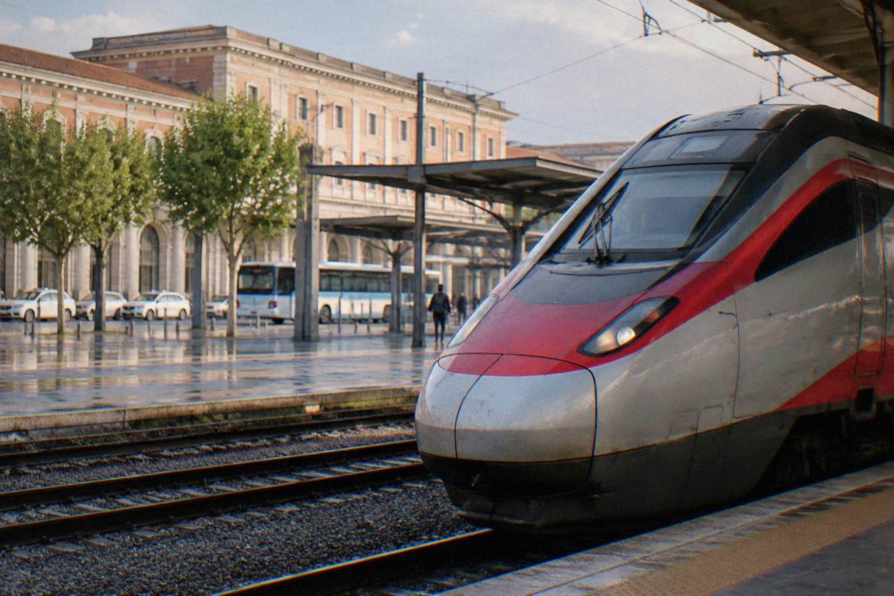 High-speed train stopped at a platform in an Italian railway station