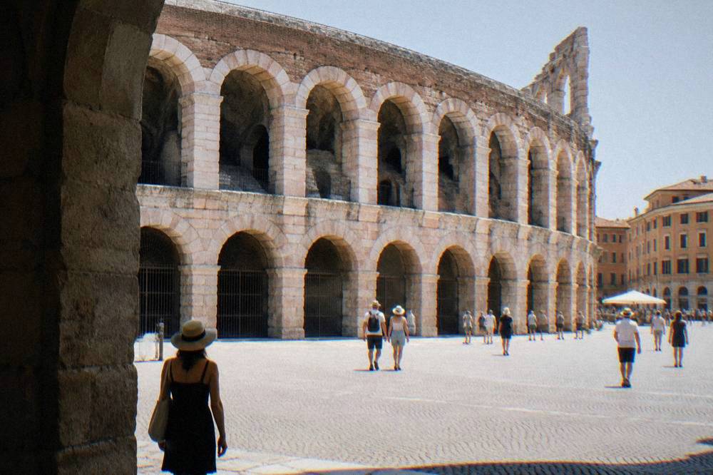 Stone steps and arches inside the Verona Arena amphitheatre