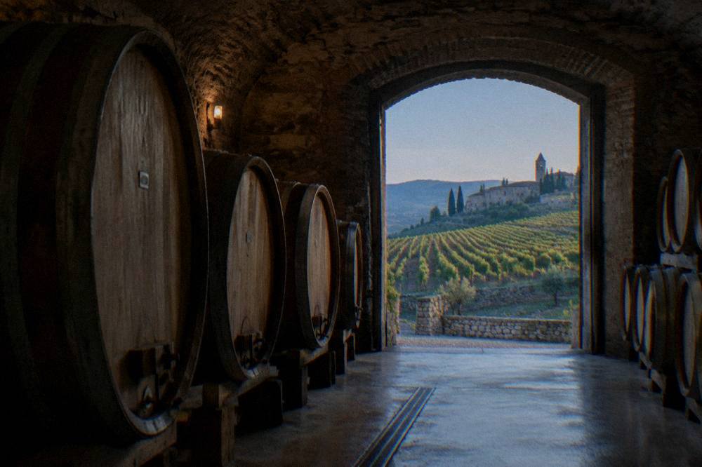 Oak barrels in a wine cellar in the Valpolicella hills