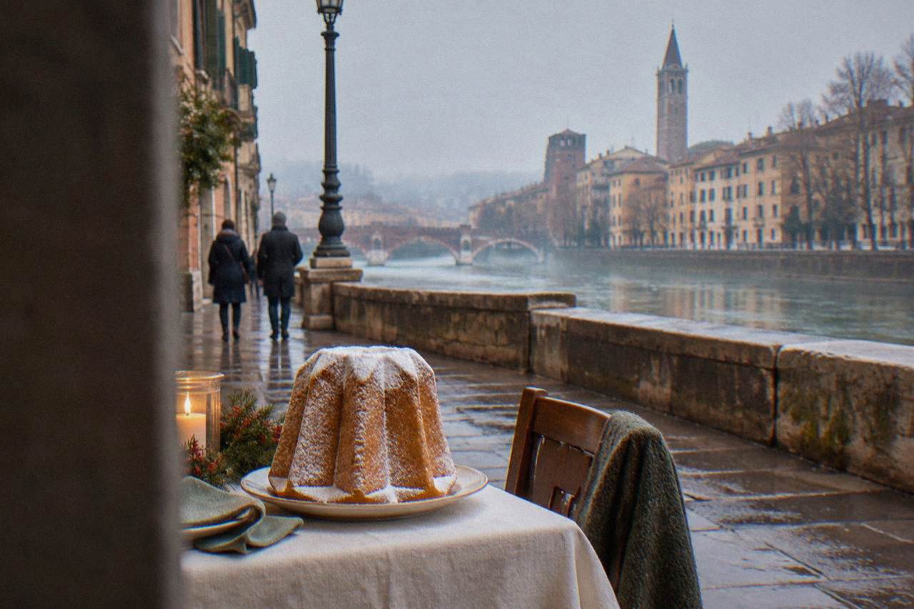 A star-shaped golden pandoro cake dusted with icing sugar on a winter table in Verona