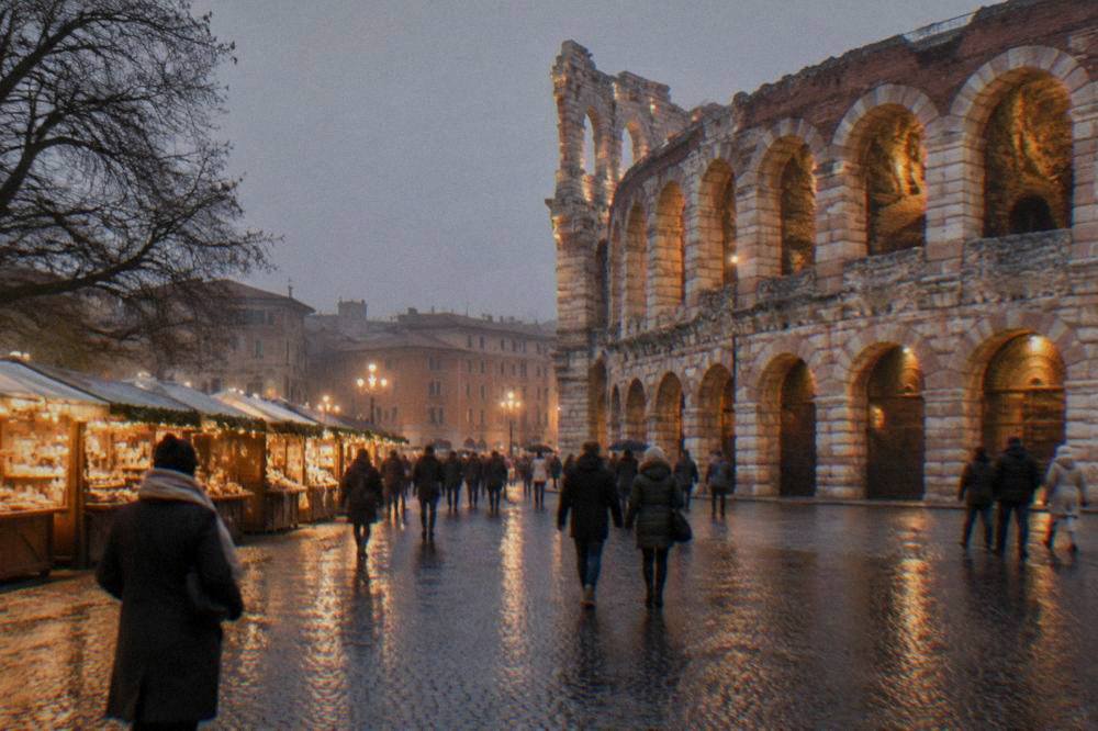 A winter street in Verona with the Arena lit at dusk and stalls glowing