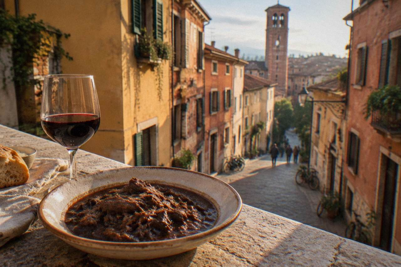 A dark rustic stew of shredded meat in wine sauce served in a shallow ceramic dish