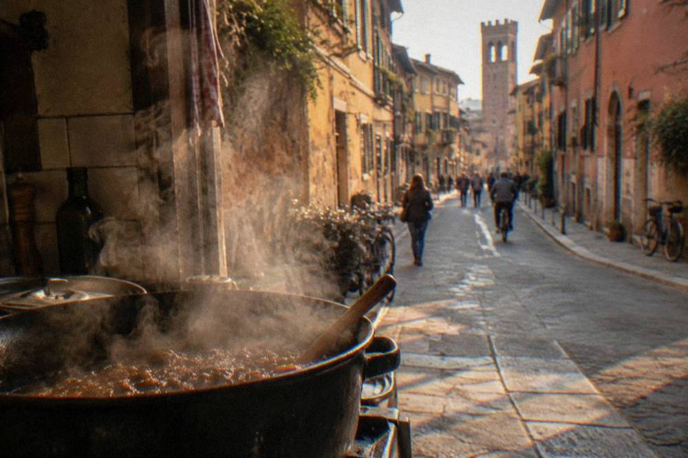 A heavy pot of dark stew simmering on a stove with steam rising