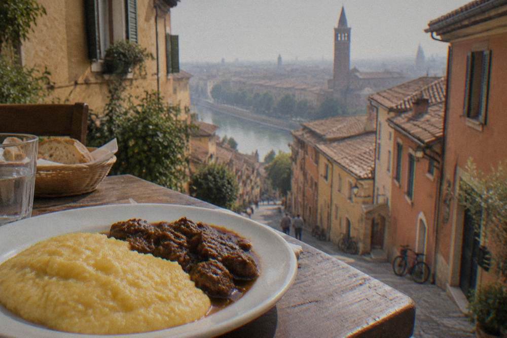 Creamy yellow polenta spooned onto a plate beside dark stewed meat