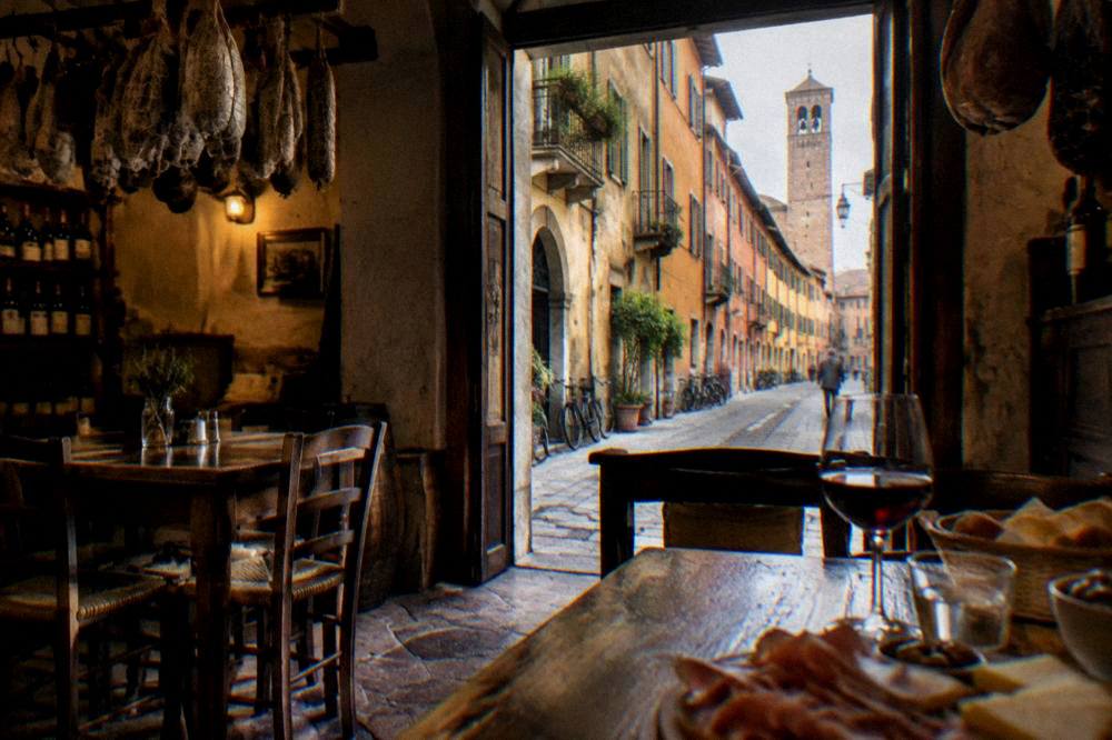 A traditional osteria interior with wooden tables and hanging cured meats