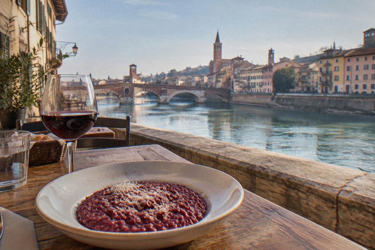 A bowl of deep red risotto all'Amarone on a rustic wooden table in a Verona restaurant