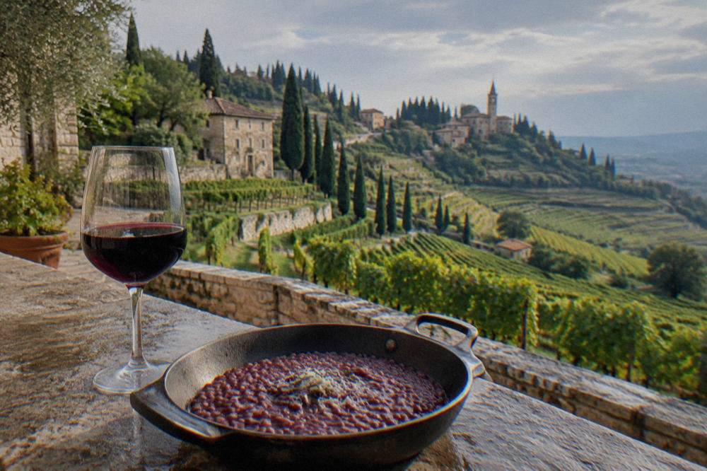 A glass of Amarone wine beside a pan of red wine risotto on a stone counter