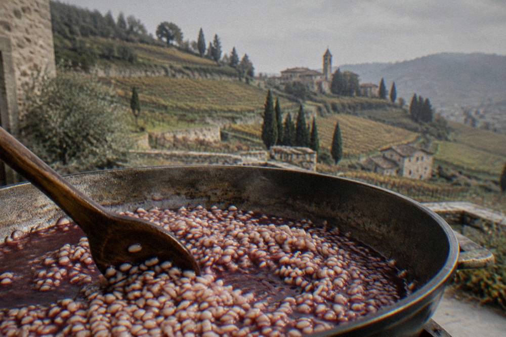 Close-up of Vialone Nano rice grains being stirred in a pan with red wine