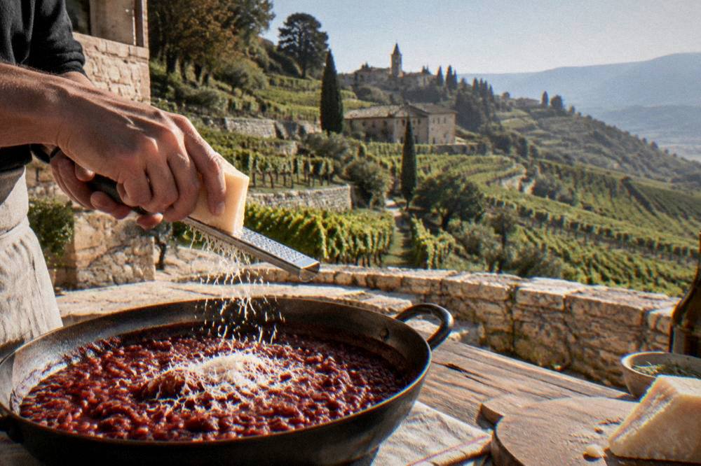 Hands grating aged cheese over a finished pan of red risotto