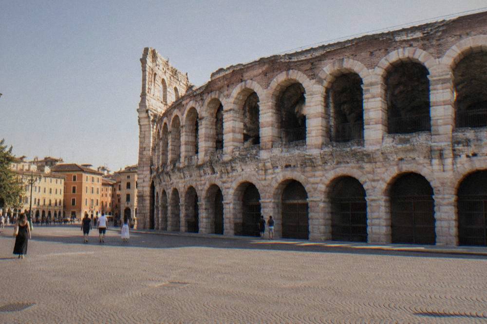Verona's Roman Arena seen from Piazza Bra in late afternoon light