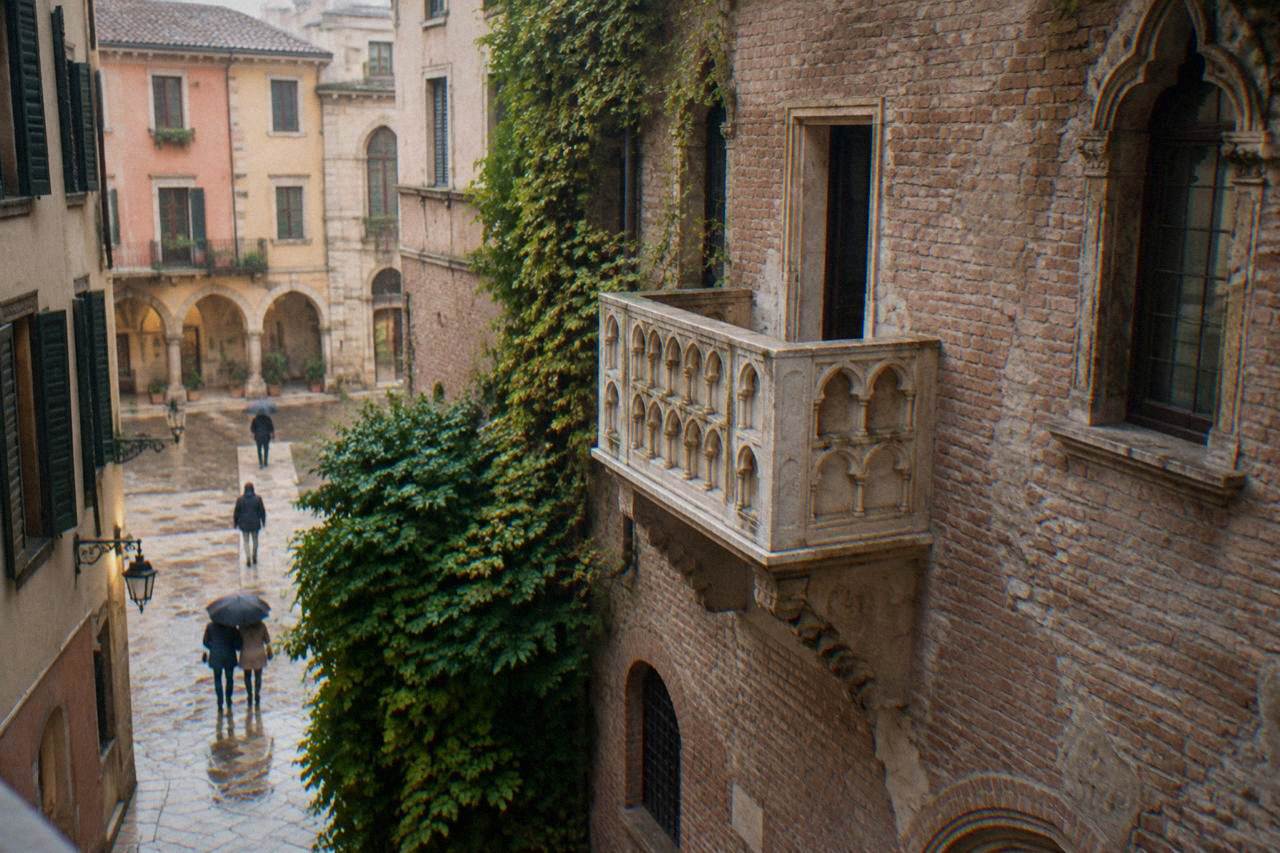 A narrow medieval courtyard in Verona with a stone balcony high on an old brick facade
