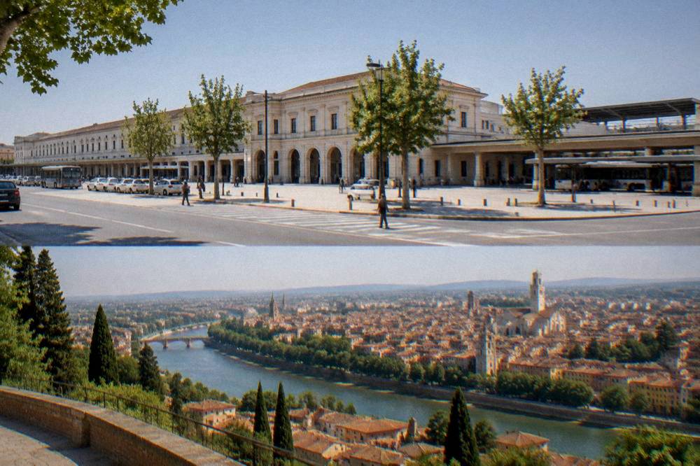 View over Verona's rooftops and the Adige river bend from a hillside terrace