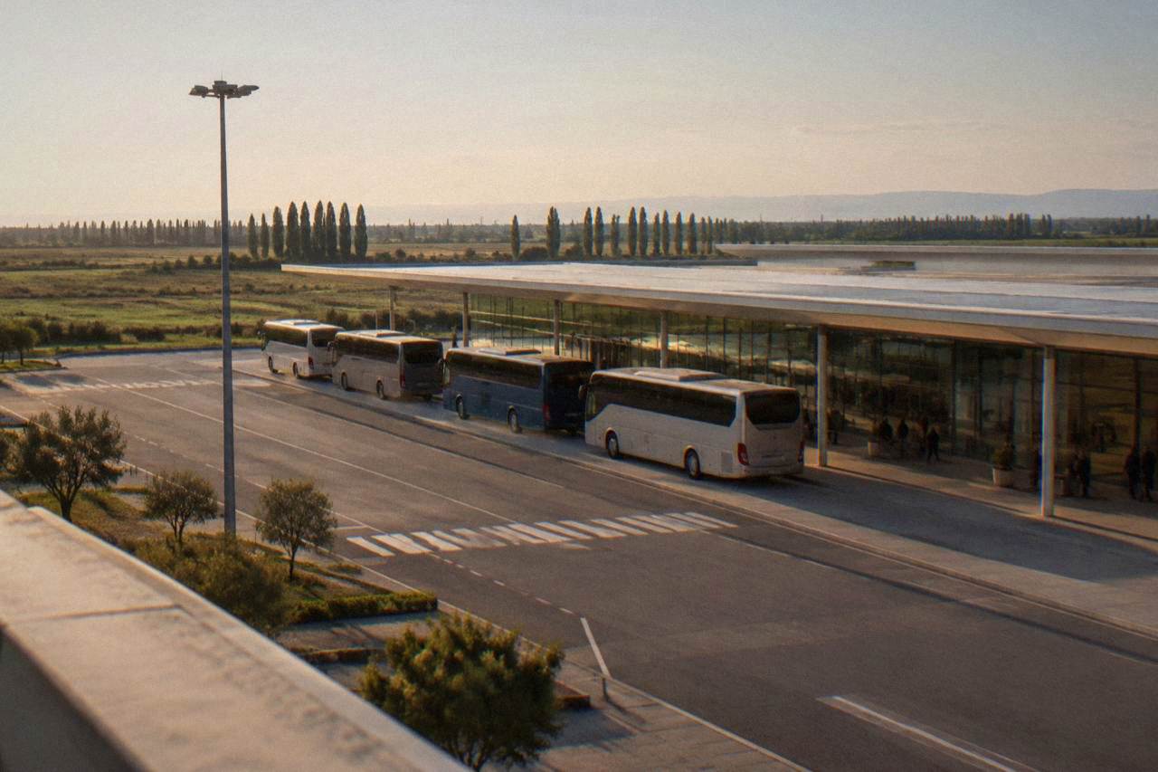 A bus waiting outside the low modern terminal building of Verona Villafranca Airport on a bright day