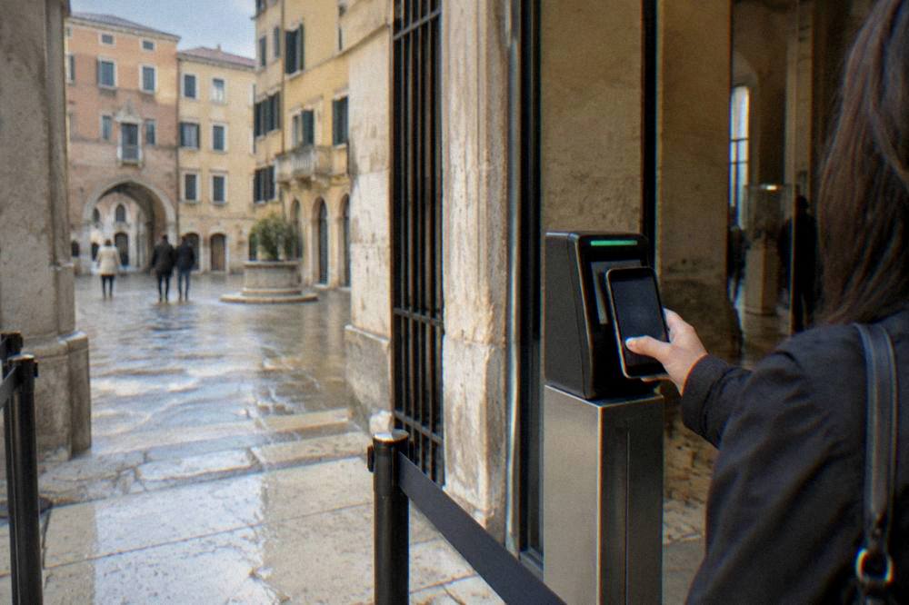 A smartphone held up to a ticket scanner at the entrance of a Verona museum