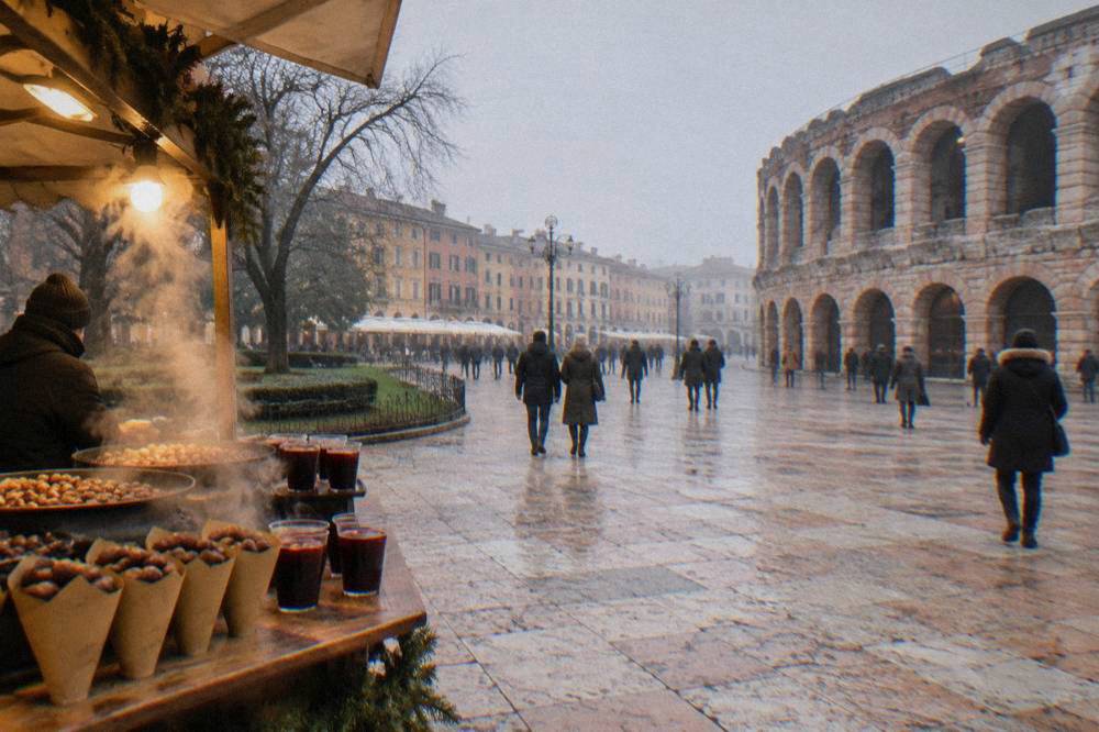 A market food stall steaming at night, with paper cones of chestnuts and cups of hot spiced wine on the counter