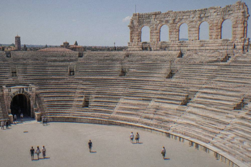 The interior stone steps of the Verona Arena seen from the arena floor