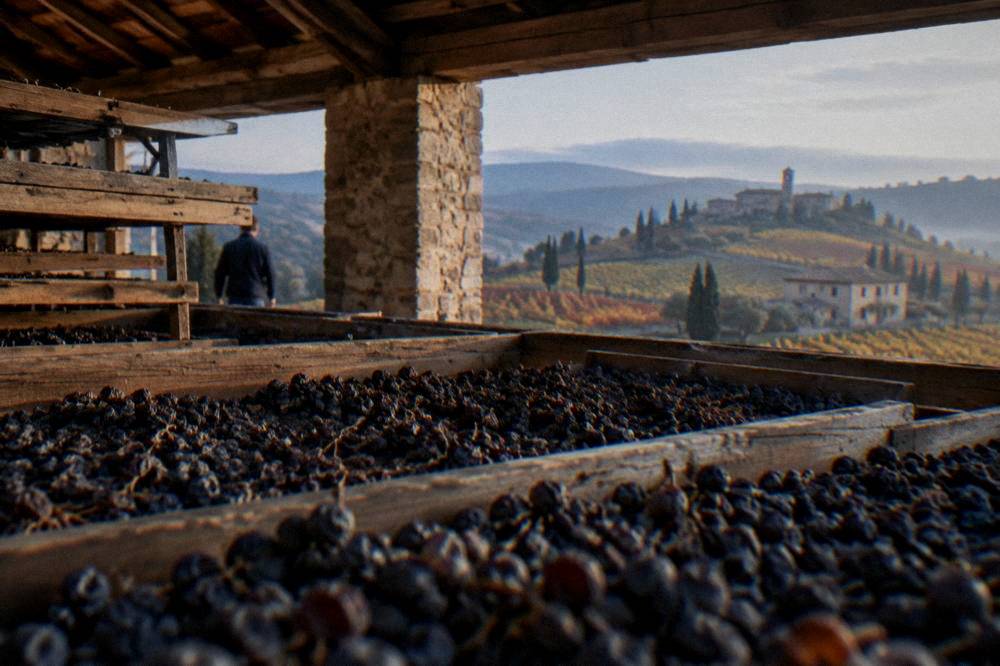 Grapes drying on wooden racks inside a Valpolicella winery loft