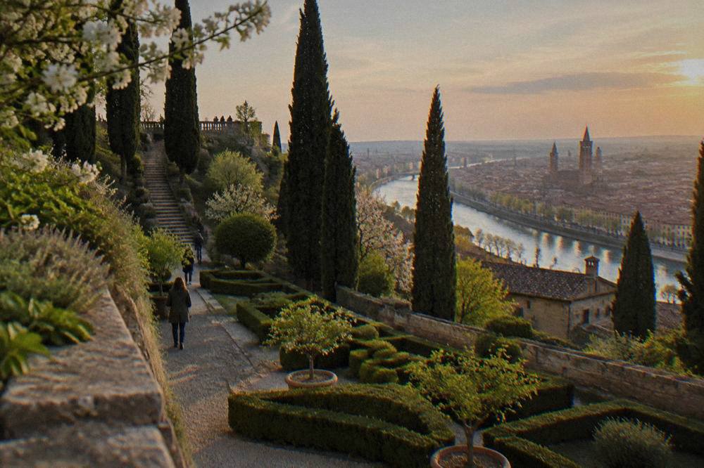 The Adige river curving past Verona's rooftops under a soft spring sky