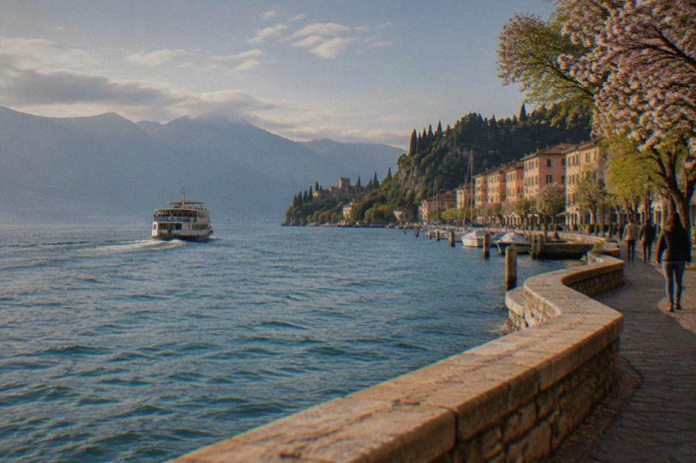 A ferry crossing Lake Garda toward Sirmione's peninsula in spring