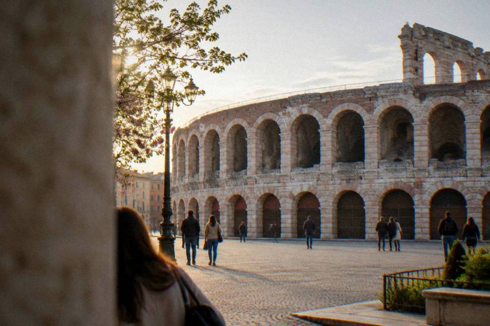 Evening light on the Verona Arena seen from Piazza Bra in spring