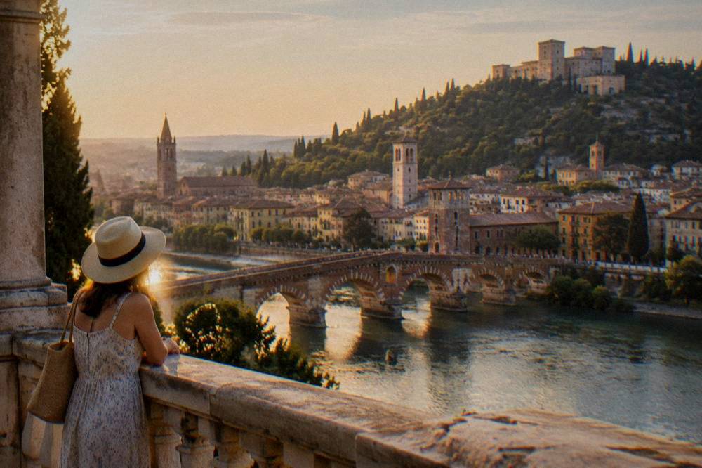 The Adige river and Ponte Pietra illuminated at dusk with the hill of Castel San Pietro above