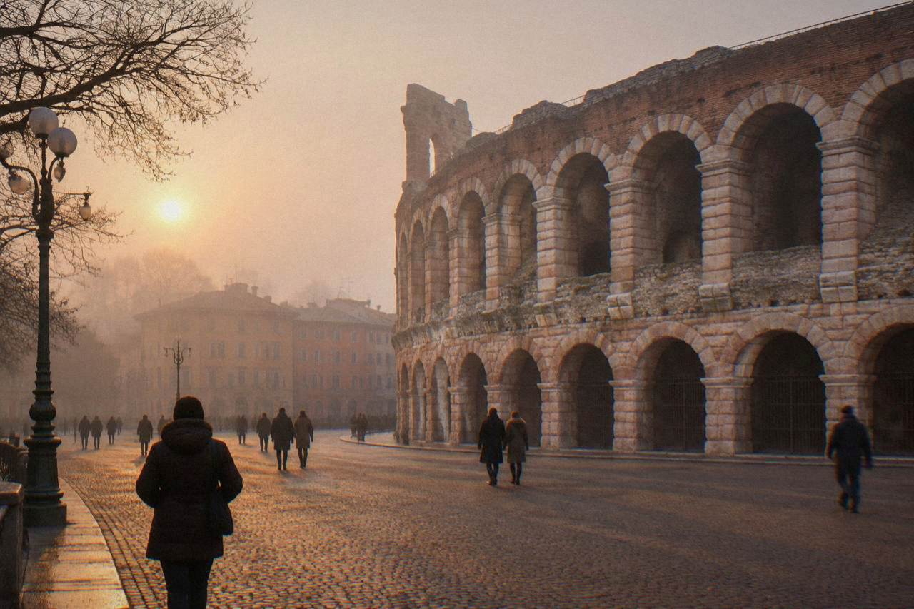 Verona's Arena amphitheatre and Piazza Bra under winter fog at dusk