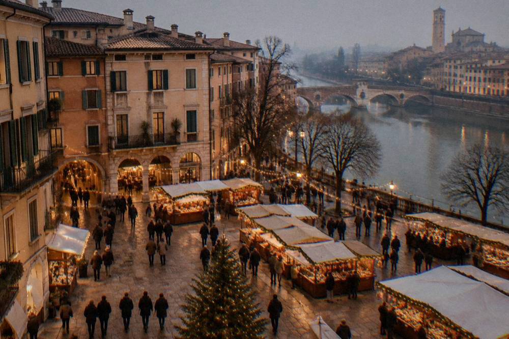 Christmas market stalls and string lights in a Verona piazza after dark