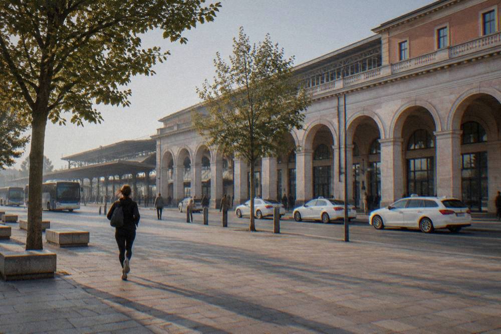 The arched facade and platforms of Verona Porta Nuova station seen from the forecourt with taxis waiting