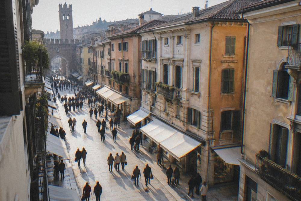Crowds of pedestrians on Via Mazzini in Verona under awnings and shopfronts on a bright afternoon