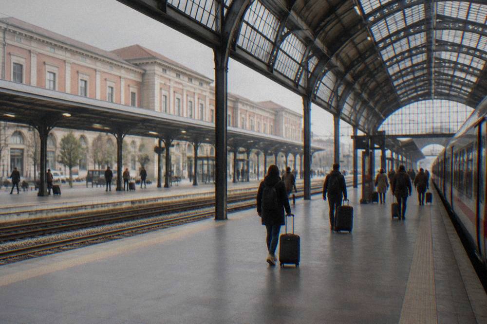 Travellers with suitcases on the platform at Verona Porta Nuova station under the arched glass roof