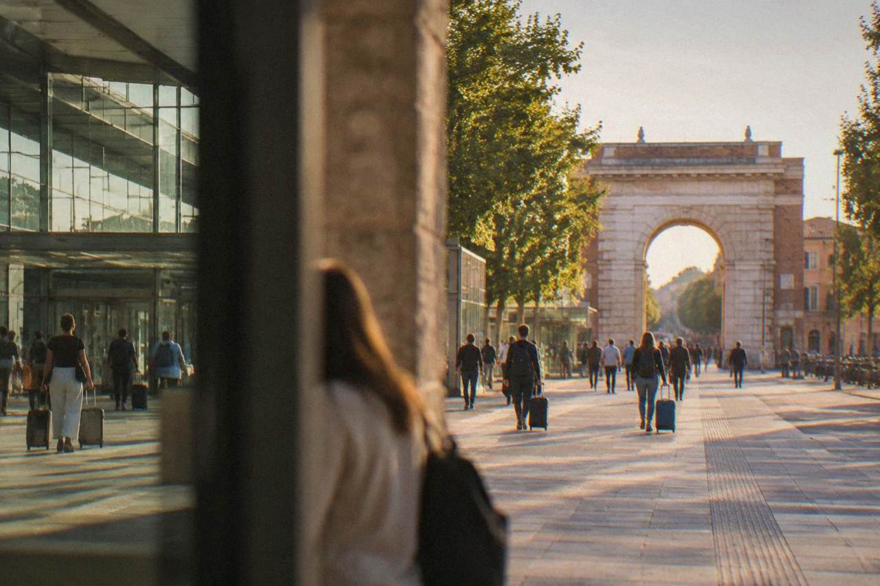 The modern glass and steel entrance of Verona Porta Nuova railway station on a bright day with travellers outside