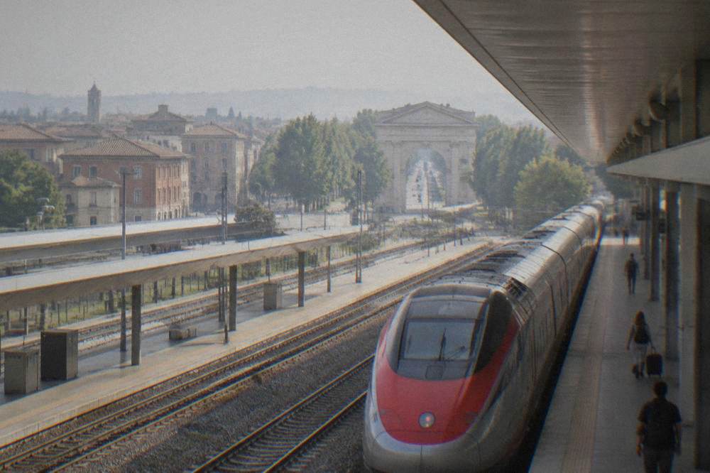 A high-speed train waiting at Verona Porta Nuova platform with the station canopy overhead